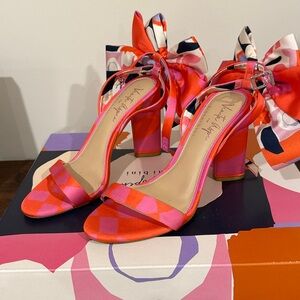 Vibrant Pink and orange Heels with Bow Accent with navy